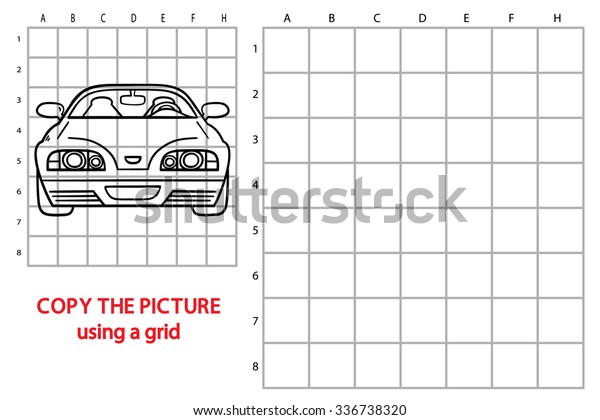funny car game. Vector\
illustration of grid copy puzzle with happy cartoon car for\
children