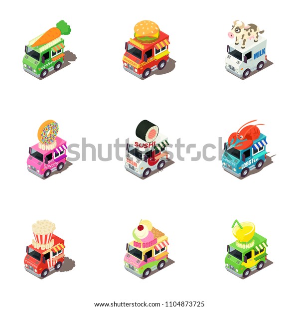 Funny car icons set.\
Isometric set of 9 funny car vector icons for web isolated on white\
background