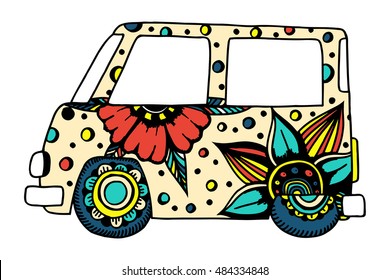 Funny car a mini van for adult anti stress. Coloring page with high details. Made by trace from sketch. Hippy color vector illustration.