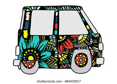 Funny car a mini van for adult anti stress. Coloring page with high details. Made by trace from sketch. Hippy color vector illustration.
