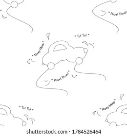 Funny car in the shape of a cloud. With car noise. Black and white. Seamless pattern. Vector illustration.