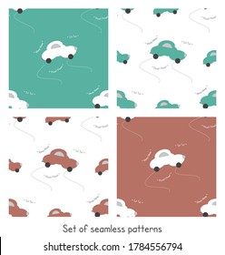 Funny car in the shape of a cloud. With car noise. Color white, orange and green. Set of seamless patterns for kids. Vector illustration.
