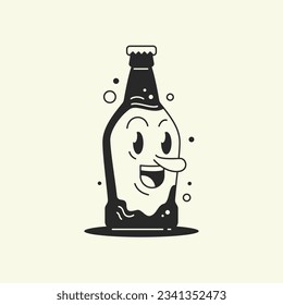 Funny carbonated drink glass bottle face cartoon character comic mascot retro 30s animation style line art icon vector illustration. Cute fizzy refreshing beverage soda juice beer with bubbles mascot