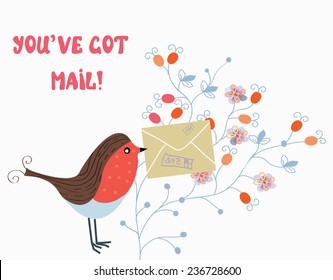 Funny card with bird and mail on flower pattern