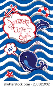 Funny Card with blue whale and dolphin on striped background. Round frame with calligraphic words Summer Time! Enjoy it!