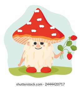 Funny card with cartoon fly agaric.Cute  character with strawberry bush.Mushroom with beard, arms and legs.Vector design for printing on fabric and paper.Flat illustration for use in postcard,banner.