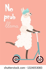 Funny card with a cartoon llama on a scooter. Vector illustration.