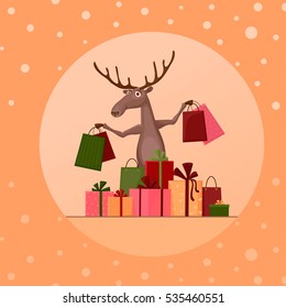
Funny card in cartoon style. Deer with presents