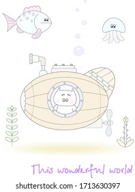 Funny card with a cat in a submarine.