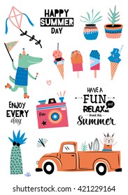 Funny Card with Cute Holidays Elements. Summer Typographic. Vector. Isolated. White Background. Animal, car, palm, ice cream, flower, camera