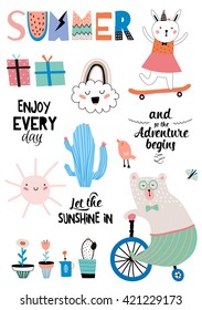 Funny Card with Cute Holidays Elements. Summer Typographic. Vector. Isolated. White Background. Animal, flower, Teddy, Bunny, Sun, Gift