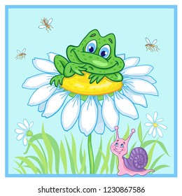 A funny card with a cute little frog sitting on the big chamomile and a pink snail. Blue background.