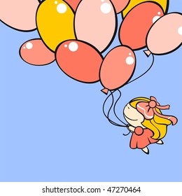 Funny card with a cute little girl flying with the balloons