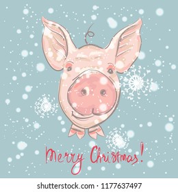 Funny card design with cartoon pigs face. Merry Christmas. Vector illustration