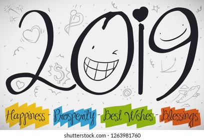 Funny card with doodles for New Year celebration: smiling number O and number 9 and cute design in the background with the best wishes.