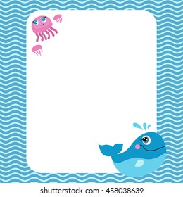 Funny card with empty space for text and cute sea creatures: blue whale and jellyfish.