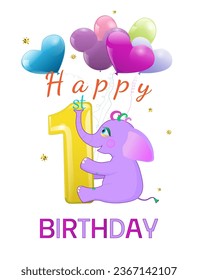 Funny card with a fairy elephant and balloons. Congratulations on your baby's first year of life