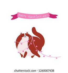 Funny card with a fat cat in a garland with hearts. Happy Valentine's Day. Vector illustration