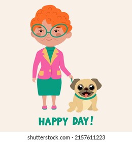 Funny card with grandma and dog. Vector illustration.