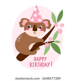 Funny card with koala on birthday hat on a branch with leaves and flowers and text - Happy birthday. Kids illustration isolated on white background in vector.
