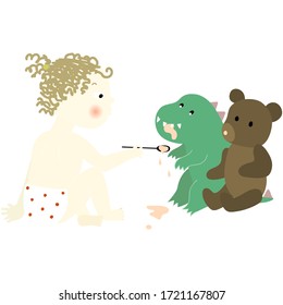 Funny card with little curly girl feeding her toys. Vector cartoon. Can be used for baby t-shirt print, fashion print design, kids wear, greeting and invitation card.