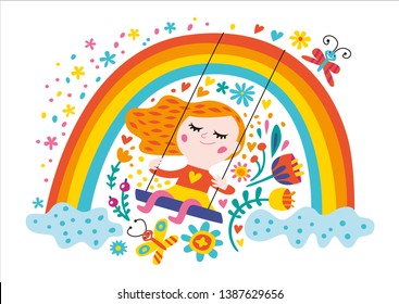 Funny card with little girls and rainbow on a white background.