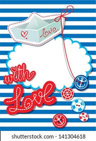 Funny Card with paper ship, buttons and empty frame for text on stripe background