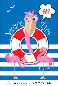 Funny Card with pink flamingos on stripe background