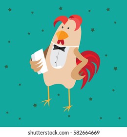 Funny card with a rooster in cartoon style.