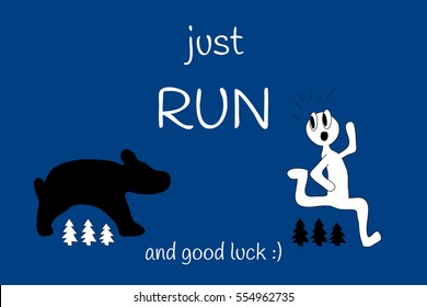 Funny card with running man from bear on blue background