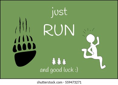 Funny card with running man from bear on green background