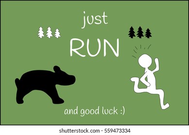 Funny card with running man from bear on green background