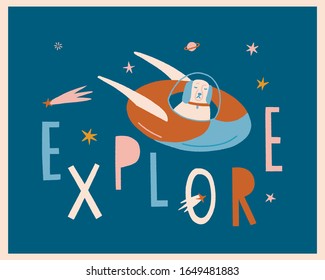 Funny card for school kid with dog cosmonaut explore cosmos with comets, stars and planets on background. Poster with inspirational text quote in vector.