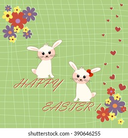 Funny card with two cute rabbits in cartoon style. Easter card design, vector illustration