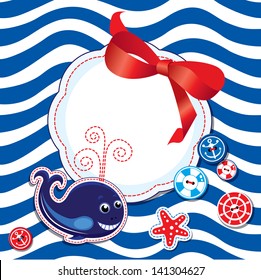 Funny Card with whale, buttons, bow and empty frame for text on stripe background