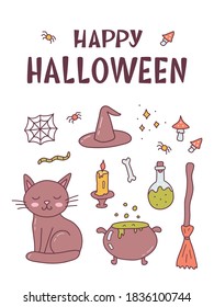 Funny card with witch things and hand lettering caption Happy Halloween.
 Cute cartoon banner with hand drawn elements. Kawaii style. Vector illustration.