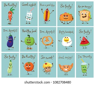 Funny cards with different kinds of food characters with emotions, vector illustrations.
