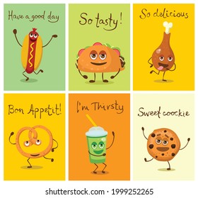 Funny cards with fast food characters with emotions, vector illustrations.