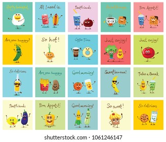 Funny cards with healthy and fast food characters with emotions, vector illustrations.