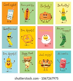 Funny cards with healthy and fast food characters with emotions, vector illustrations.