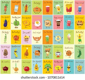 Funny cards with healthy and fast food characters with emotions, vector illustrations.