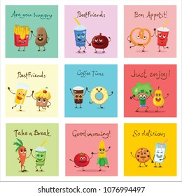 Funny cards with healthy and fast food characters with emotions, vector illustrations.