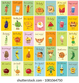 Funny cards with healthy and fast food characters with emotions, vector illustrations.