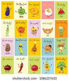 Funny cards with healthy and fast food characters with emotions, vector illustrations.
