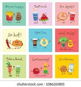 Funny cards with healthy and fast food characters with emotions, vector illustrations.
