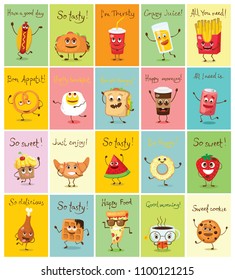 Funny cards with healthy and fast food characters with emotions, vector illustrations.