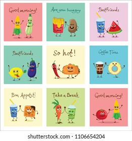 Funny cards with healthy and fast food characters with emotions, vector illustrations.