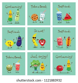 Funny cards with healthy and fast food characters with emotions, vector illustrations.