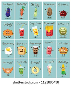 Funny cards with healthy and fast food characters with emotions, vector illustrations.