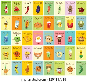 Funny cards with healthy and fast food characters with emotions, vector illustrations